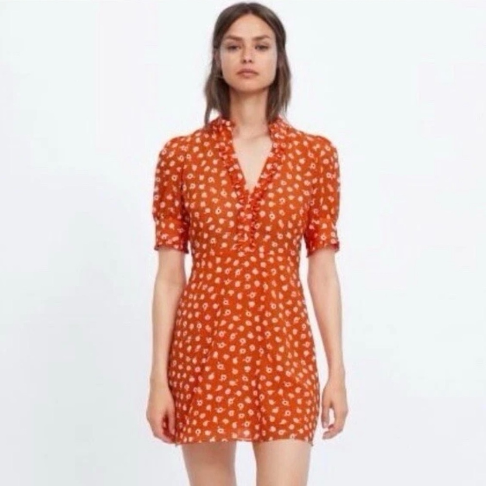Zara Women's Bright Red Floral Dress Size XS